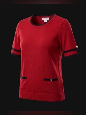 Liz Claiborne Red & Black Knit Short Sleeve Sweater Top Gold Button Accents M